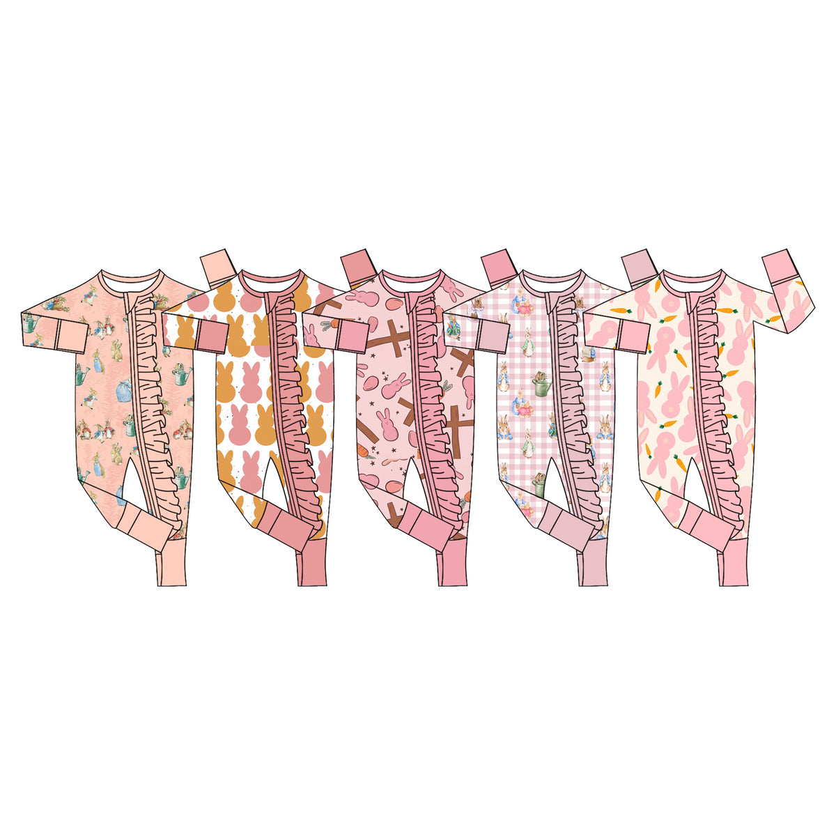 Preorder (moq 5) Baby Girl Clothes Easter Boho Bunny Silhouette Print Long Sleeve Ruffle Zipper Romper