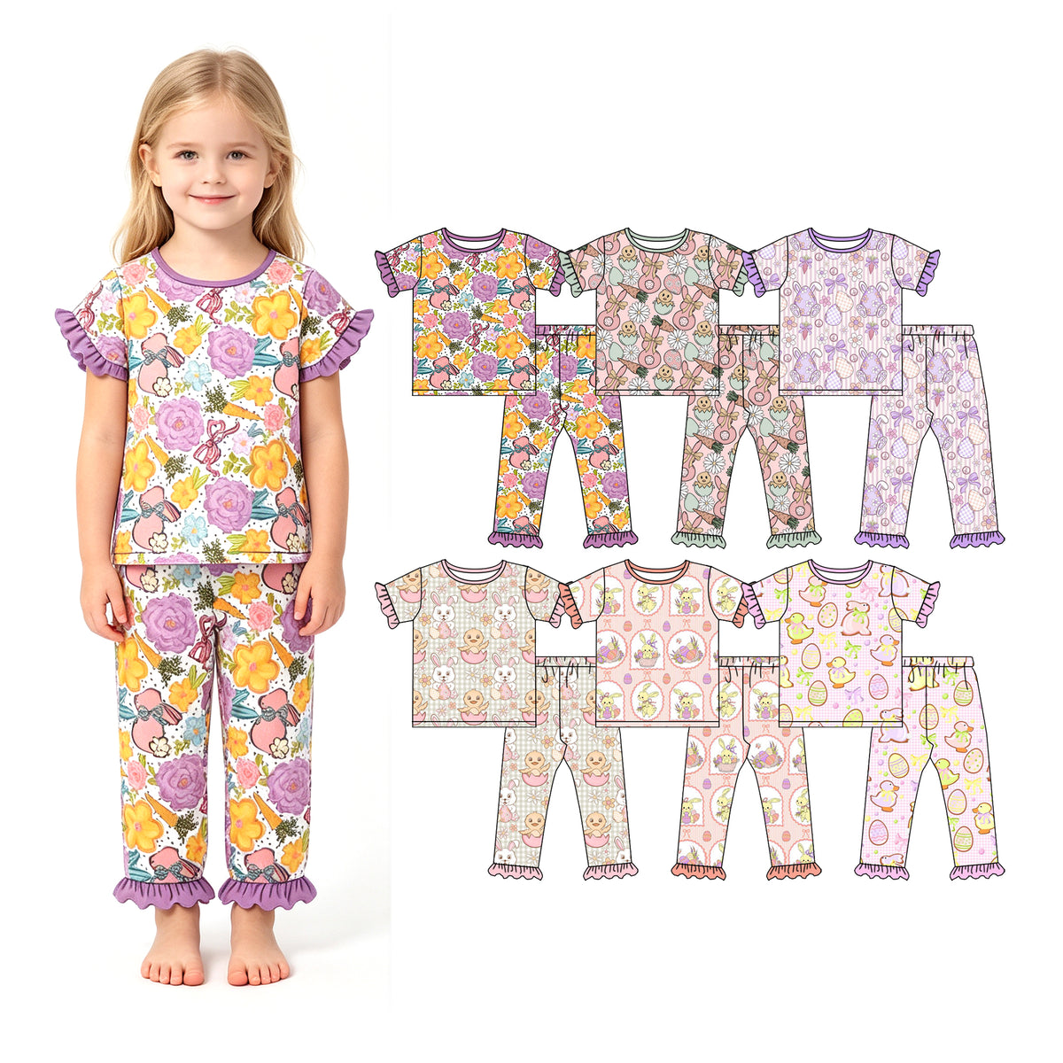 Preorder (moq 5) Baby Girl Clothes Easter Bunny Chick Gingham Print Short Sleeve Ruffle Top Ruffle Long Pant Outfit Set