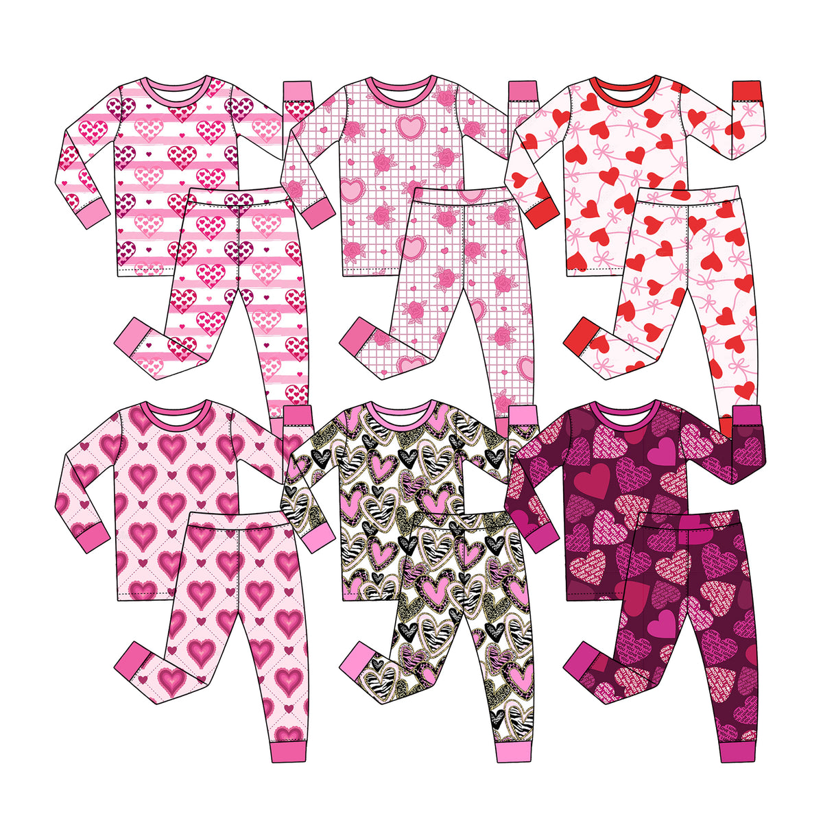 Preorder (moq 5) Baby Girl Clothes Valentine Zebra Leopard Glitter Heart Print Long Sleeve Pajama Set