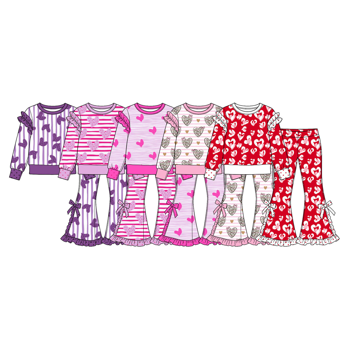 Preorder (moq 5) Baby Girl Clothes Pink Striped Leopard Heart Print Long Sleeve Ruffle Top Bow Ruffle Flare Pant Set