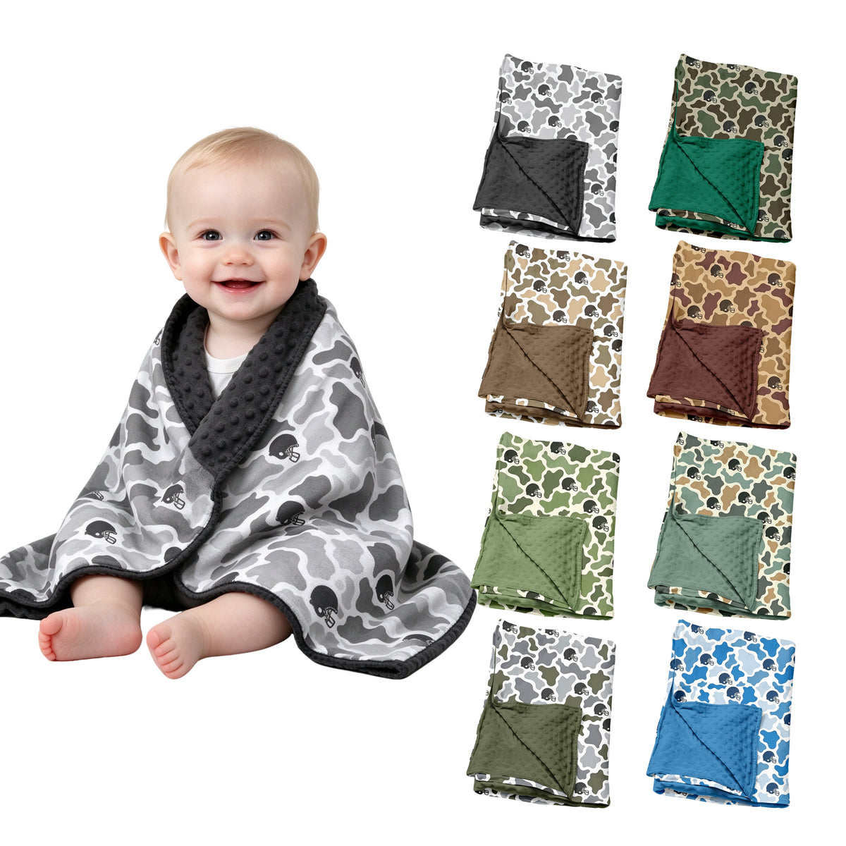 Preorder (moq 5) Baby Boy Clothes Sage Light Green Cow Camo Football Helmet Print Minky Dot Baby Blanket