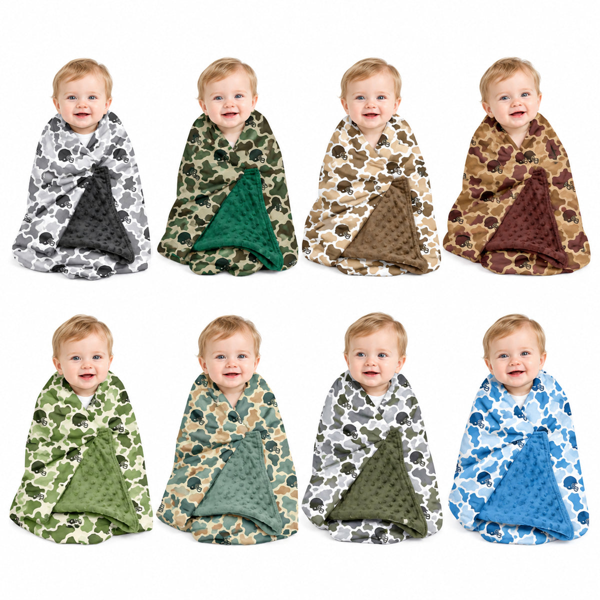 Preorder (moq 5) Baby Boy Clothes Olive Green Cow Camo Football Helmet Print Minky Dot Baby Blanket