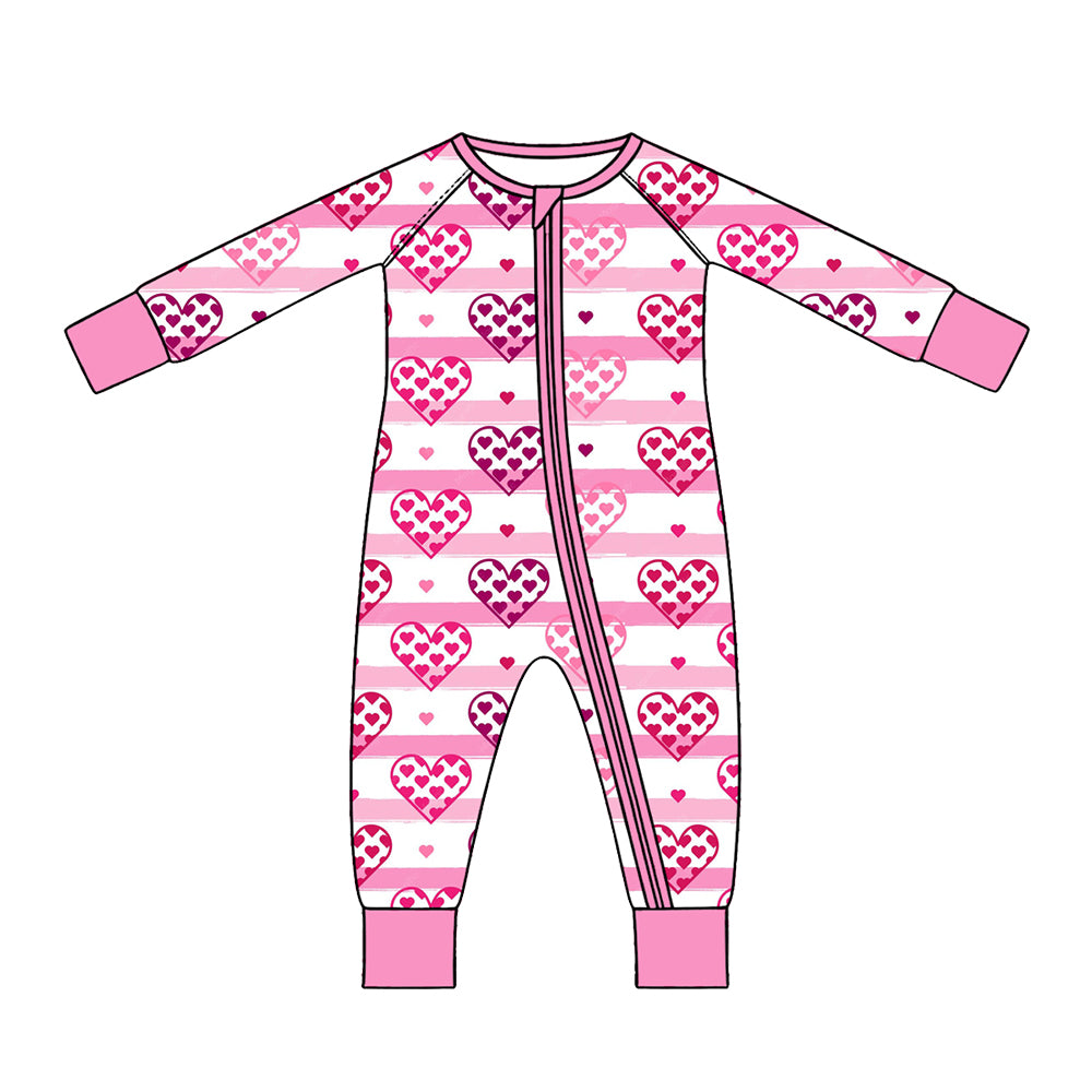 Preorder (moq 5) Baby Girl Clothes Valentine Pink Striped Heart Allover Print Long Sleeve Zipper Jumpsuit