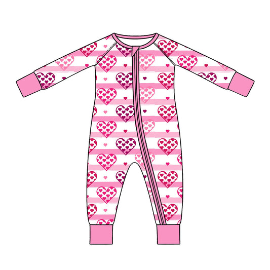 Preorder (moq 5) Baby Girl Clothes Valentine Pink Striped Heart Allover Print Long Sleeve Zipper Jumpsuit