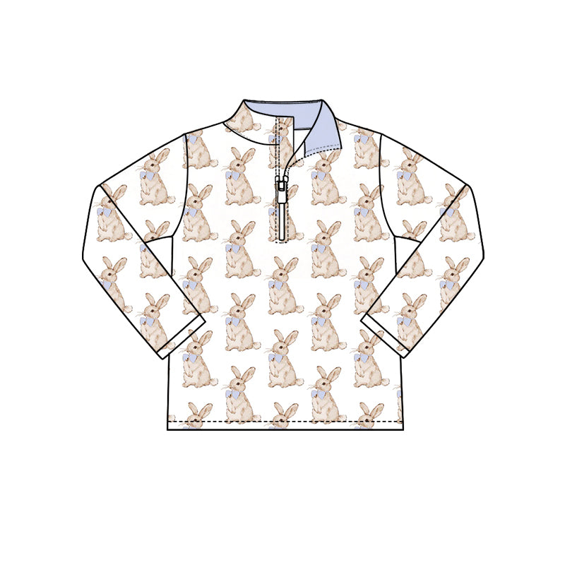 Preorder (moq 5) Baby Girl Clothes Blue Bow Bunny Allover Print Long Sleeve Quarter Zip Pullover Top