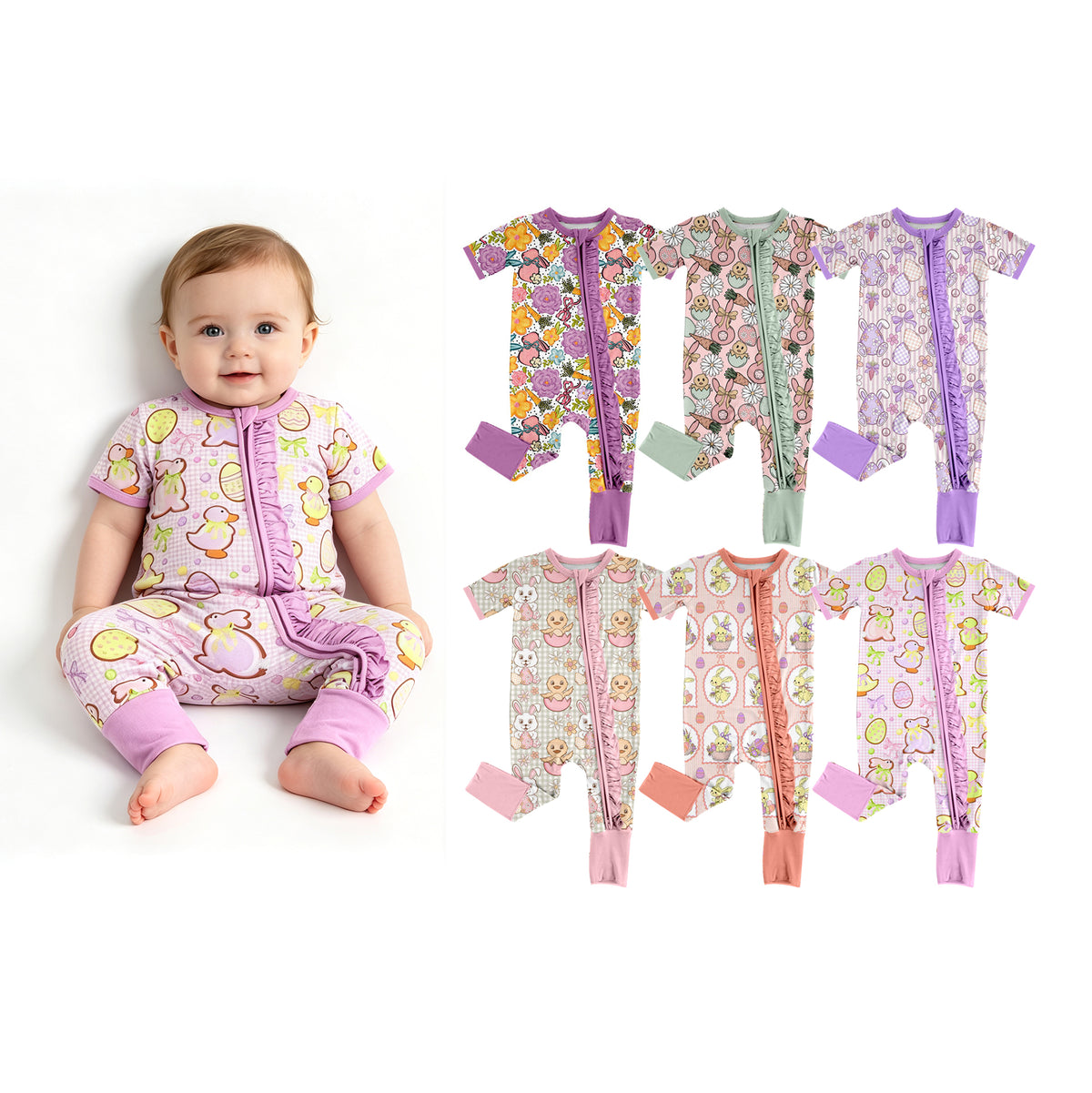 Preorder (moq 5) Baby Girl Clothes Easter Bunny Chick Egg Daisy Print Short Sleeve Zipper Ruffle Baby Jumpsuit