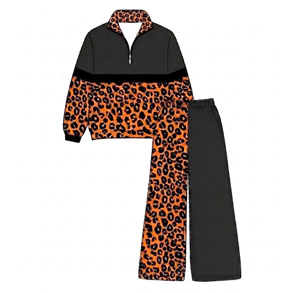 Custom MOQ5 Women Adult orange black leopord team zip long sleeves Girl winter clothes