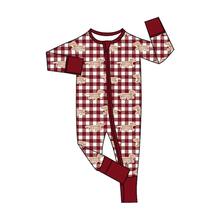 Preorder (moq 5) Baby Girl Clothes Dachshund Red Plaid Print Long Sleeve Zipper Romper Jumpsuit