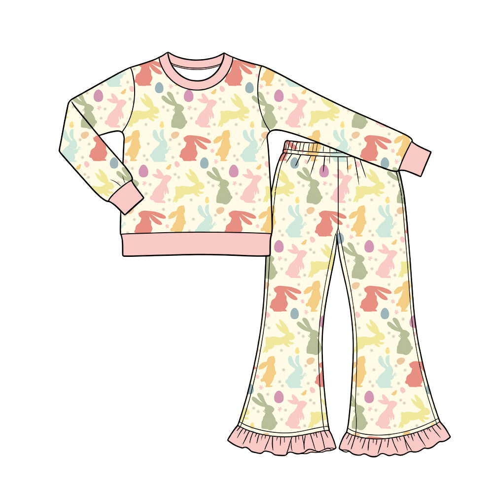 Preorder (moq 5) Baby Girl Clothes Pastel Bunny Silhouette Egg Allover Print Long Sleeve Sweatshirt Ruffle Flare Pant Set