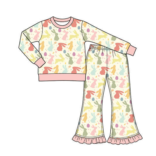 Preorder (moq 5) Baby Girl Clothes Pastel Bunny Silhouette Egg Allover Print Long Sleeve Sweatshirt Ruffle Flare Pant Set