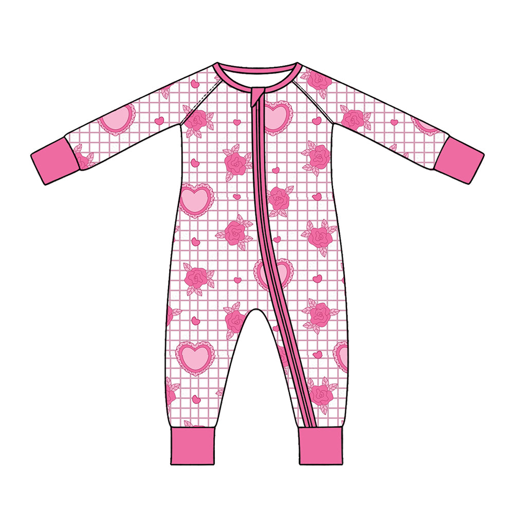 Preorder (moq 5) Baby Girl Clothes Valentine Grid Rose Heart Allover Print Long Sleeve Zipper Jumpsuit