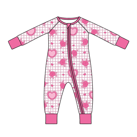 Preorder (moq 5) Baby Girl Clothes Valentine Grid Rose Heart Allover Print Long Sleeve Zipper Jumpsuit