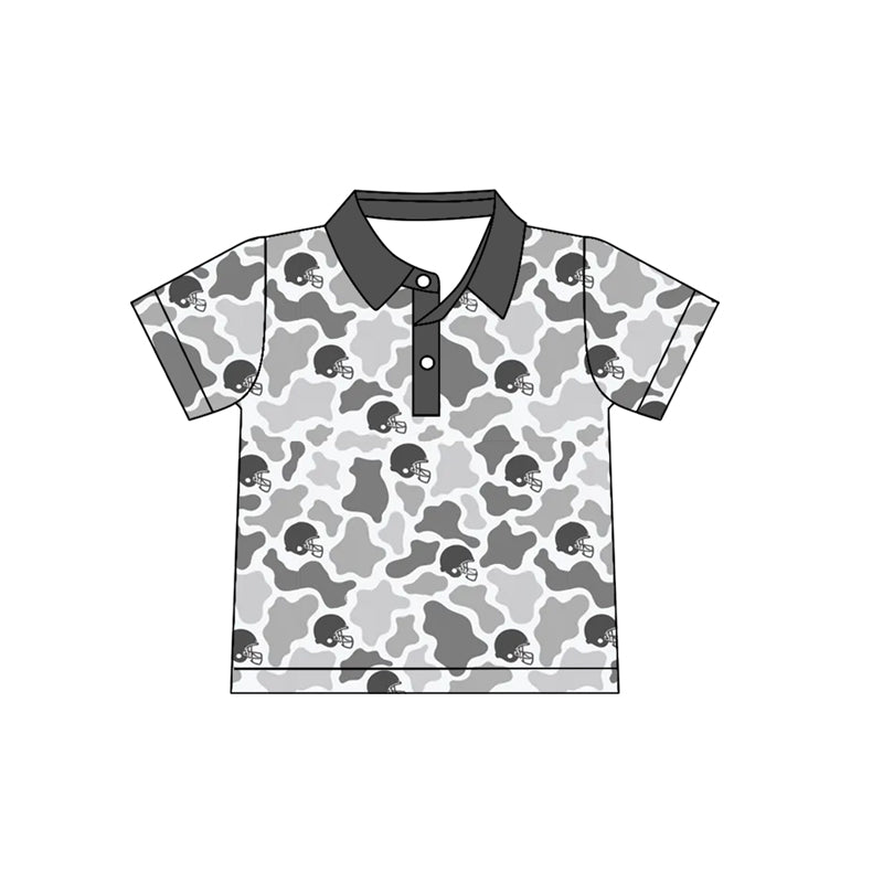 Preorder (moq 5) Baby Boy Clothes Gray Cow Camo Football Helmet Print Short Sleeve Polo Shirt