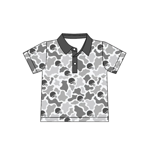 Preorder (moq 5) Baby Boy Clothes Gray Cow Camo Football Helmet Print Short Sleeve Polo Shirt