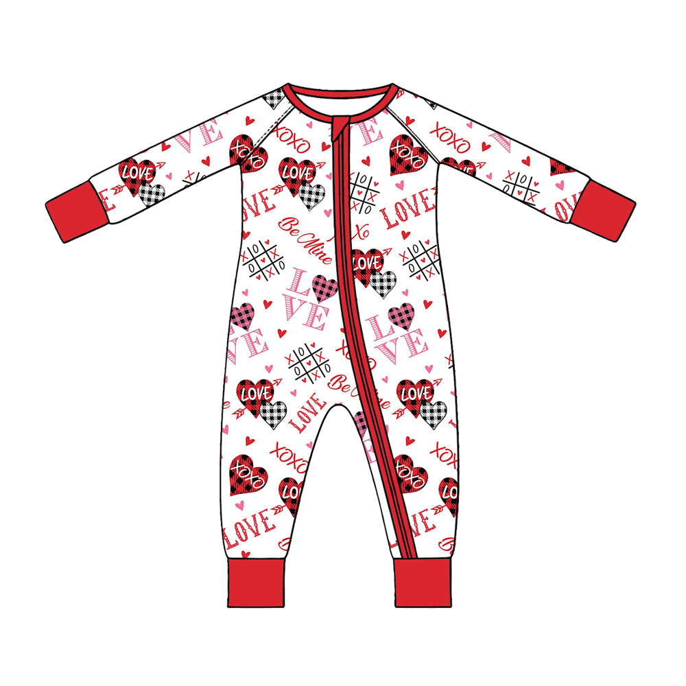 Preorder (moq 5) Baby Girl Clothes Valentines XOXO Love Buffalo Plaid Heart Print Zipper Sleeper
