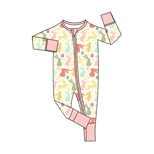 Preorder (moq 5) Baby Girl Clothes Pastel Bunny Silhouette Allover Print Long Sleeve Zip Romper Jumpsuit