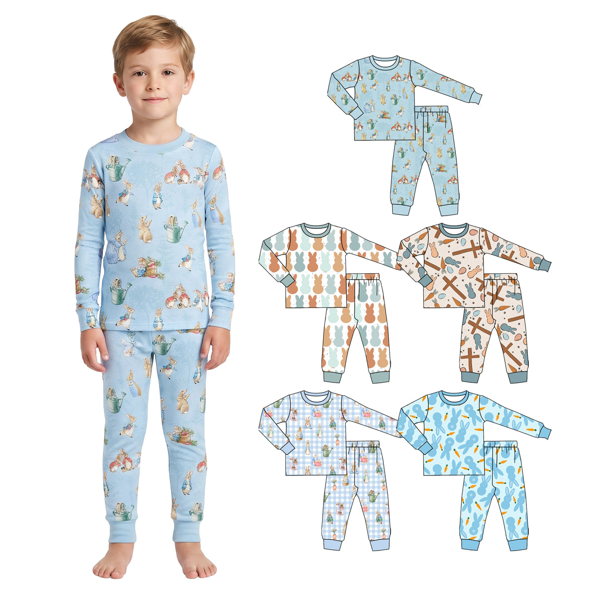 Preorder (moq 5) Baby Boy Clothes Easter Cross Bunny Carrot Egg Print Long Sleeve Pajama Set