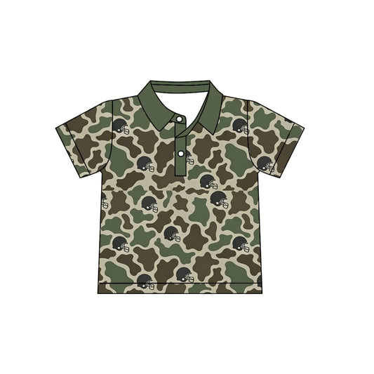 Preorder (moq 5) Baby Boy Clothes Dark Olive Cow Camo Football Helmet Print Short Sleeve Polo Shirt