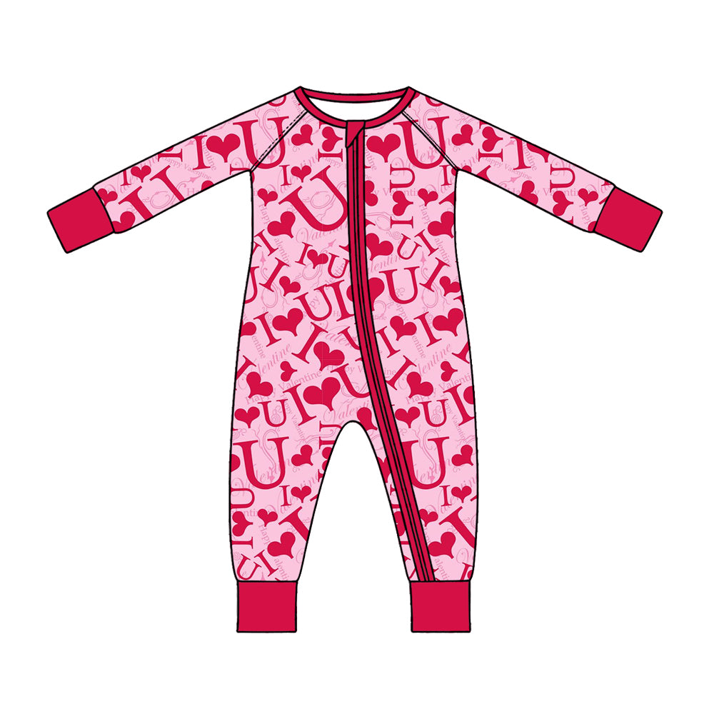 Preorder (moq 5) Baby Girl Clothes Valentines I Love U Letter Heart Print Zipper Sleeper