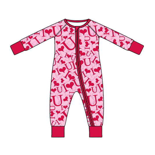 Preorder (moq 5) Baby Girl Clothes Valentines I Love U Letter Heart Print Zipper Sleeper