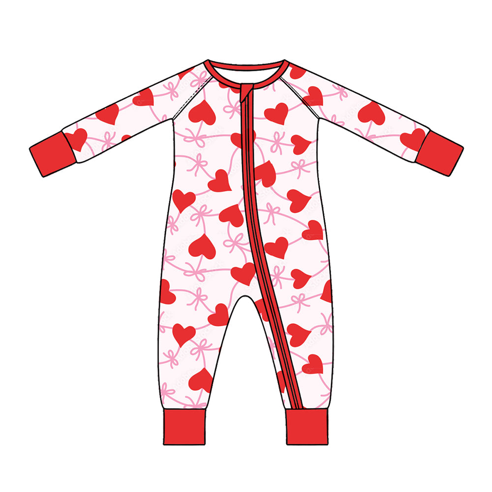 Preorder (moq 5) Baby Girl Clothes Valentine Red Heart Bow Allover Print Long Sleeve Zipper Jumpsuit