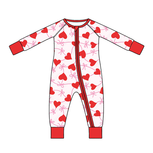 Preorder (moq 5) Baby Girl Clothes Valentine Red Heart Bow Allover Print Long Sleeve Zipper Jumpsuit