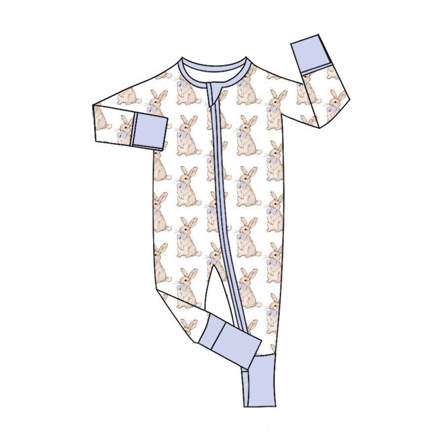 Preorder (moq 5) Baby Girl Clothes Blue Bow Bunny Allover Print Long Sleeve Zip Romper Jumpsuit