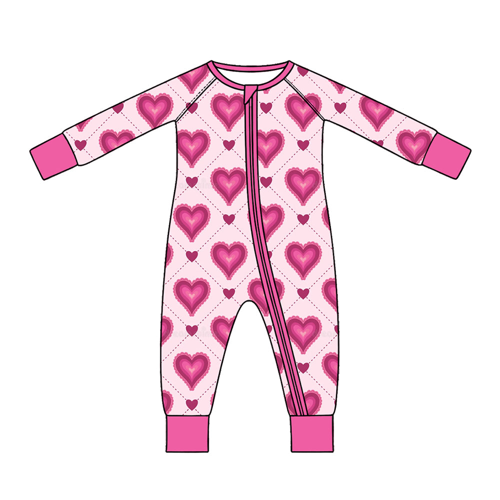 Preorder (moq 5) Baby Girl Clothes Valentine Diamond Layered Heart Allover Print Long Sleeve Zipper Jumpsuit
