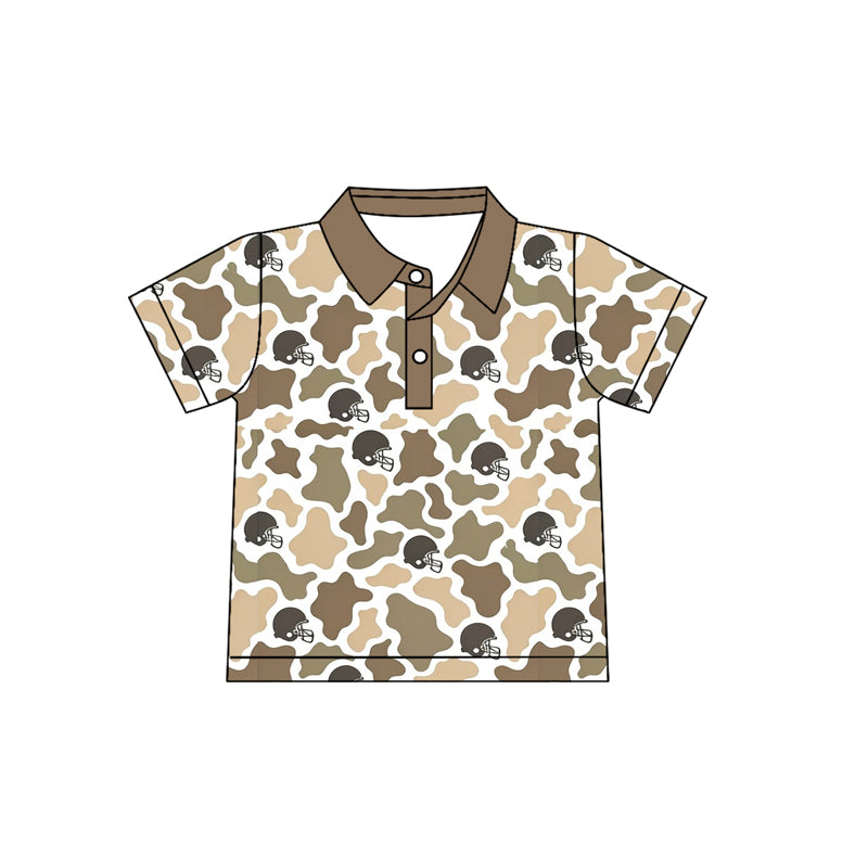Preorder (moq 5) Baby Boy Clothes Tan Khaki Cow Camo Football Helmet Print Short Sleeve Polo Shirt
