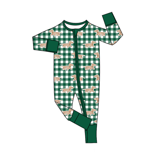 Preorder (moq 5) Baby Girl Clothes Dachshund Green Plaid Print Long Sleeve Zipper Romper Jumpsuit