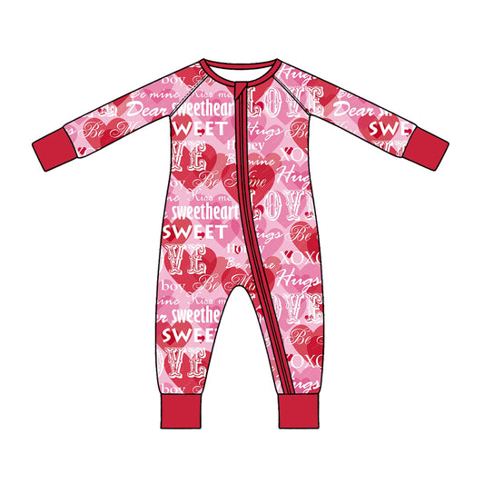 Preorder (moq 5) Baby Girl Clothes Valentines Sweetheart Love Word Art Heart Print Zipper Sleeper