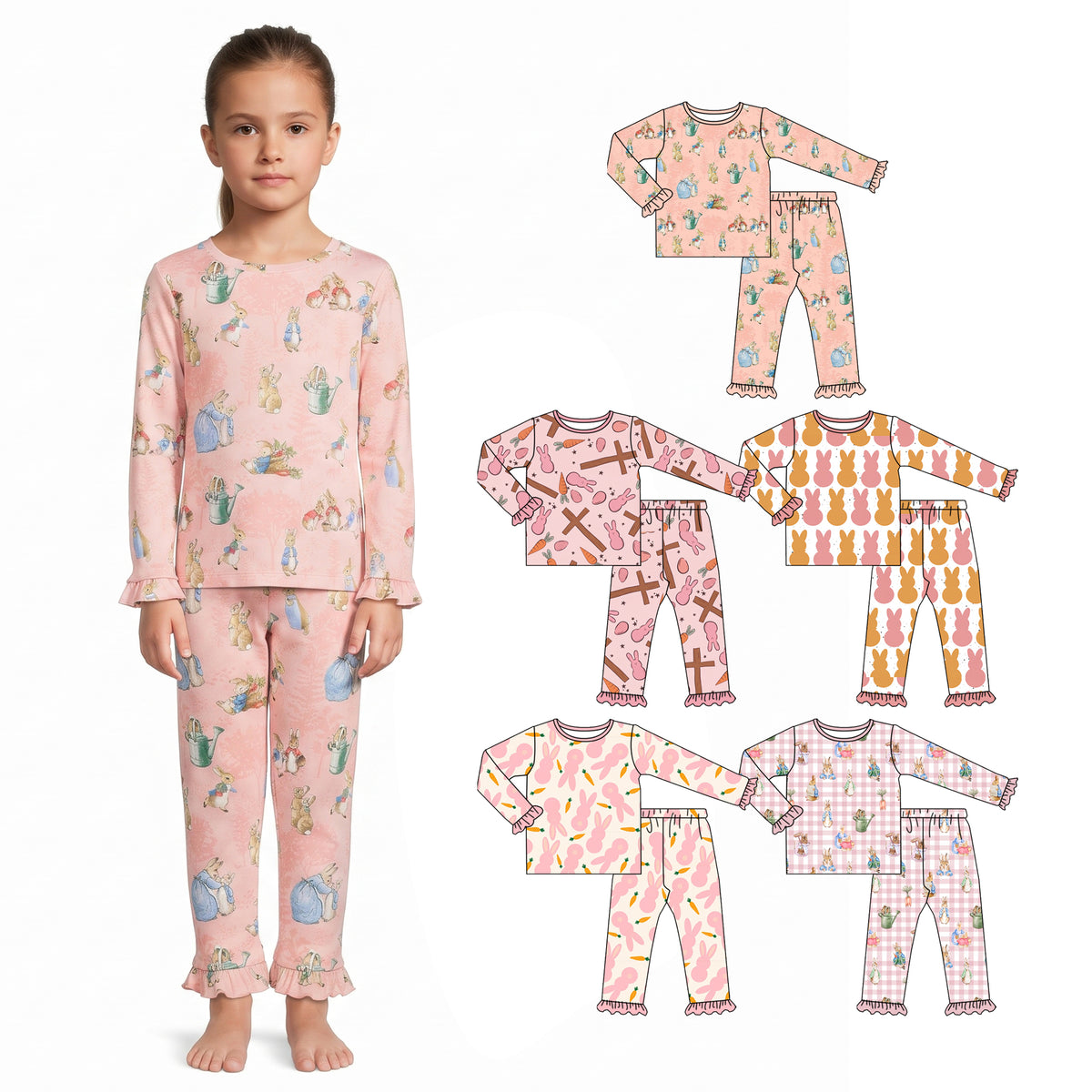 Preorder (moq 5) Baby Girl Clothes Easter Pink Gingham Rabbit Print Ruffle Long Sleeve Pajama Set