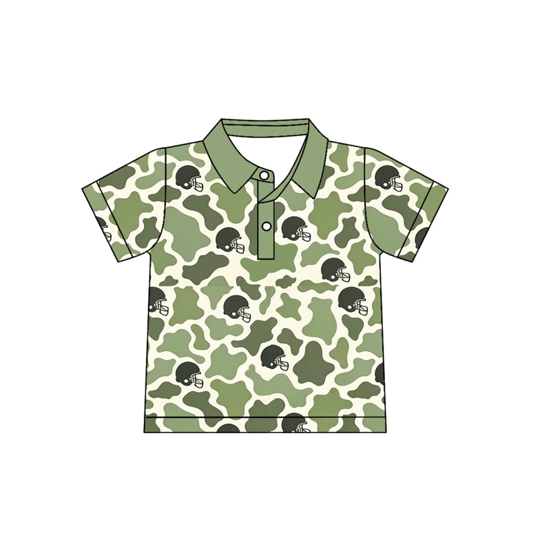 Preorder (moq 5) Baby Boy Clothes Sage Green Cow Camo Football Helmet Print Short Sleeve Polo Shirt
