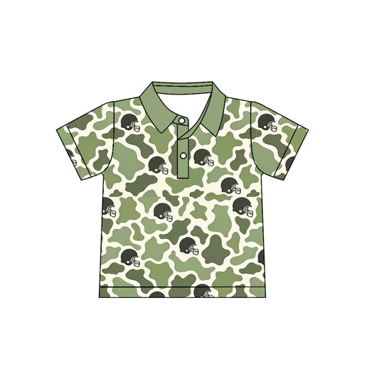 Preorder (moq 5) Baby Boy Clothes Sage Green Cow Camo Football Helmet Print Short Sleeve Polo Shirt