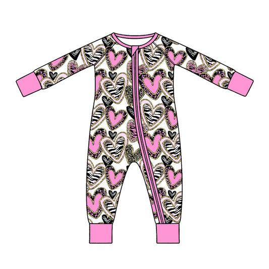Preorder (moq 5) Baby Girl Clothes Valentine Leopard Zebra Heart Allover Print Long Sleeve Zipper Jumpsuit