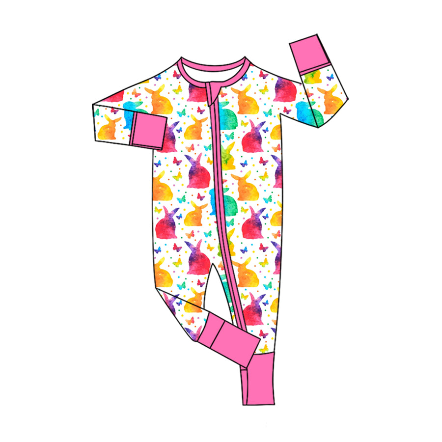 Preorder (moq 5) Baby Girl Clothes Rainbow Watercolor Bunny Butterfly Allover Print Long Sleeve Zip Romper Jumpsuit
