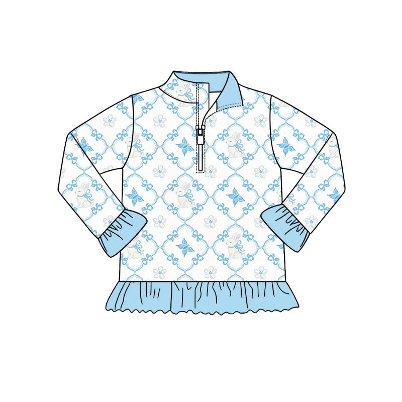 Preorder (moq 5) Baby Girl Clothes Blue Floral Bunny Lattice Allover Print Long Sleeve Quarter Zip Ruffle Hem Top
