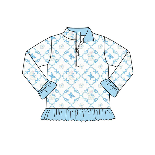 Preorder (moq 5) Baby Girl Clothes Blue Floral Bunny Lattice Allover Print Long Sleeve Quarter Zip Ruffle Hem Top