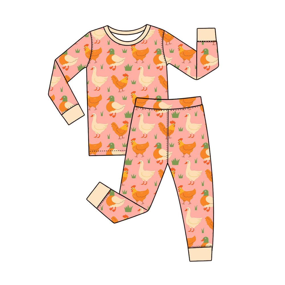 Preorder (moq 5) Baby Girl Clothes Farm Chicken Duck Pink Background Print Long Sleeve Pajama Set