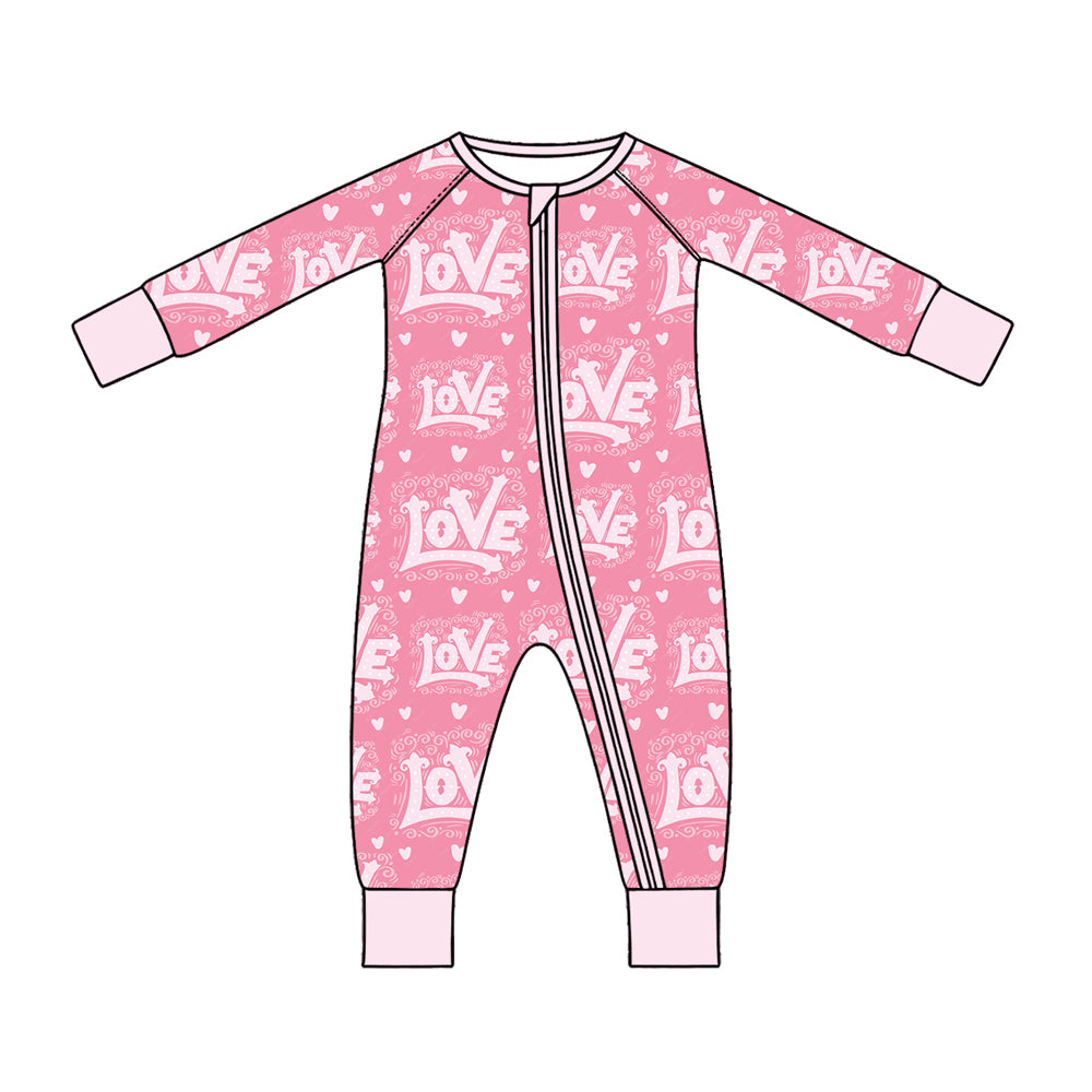 Preorder (moq 5) Baby Girl Clothes Valentines Vintage Love Script Heart Print Zipper Sleeper