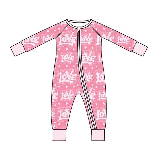 Preorder (moq 5) Baby Girl Clothes Valentines Vintage Love Script Heart Print Zipper Sleeper