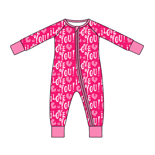Preorder (moq 5) Baby Girl Clothes Valentines I Love You Bold Letter Heart Print Zipper Sleeper