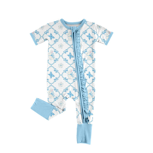 Preorder (moq 5) Baby Girl Clothes Blue Floral Bunny Lattice Allover Print Short Sleeve Ruffle Zip Romper Jumpsuit