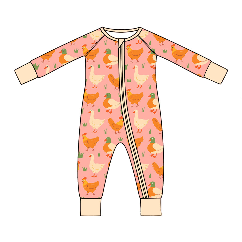 Preorder (moq 5) Baby Girl Clothes Farm Chicken Duck Grass Print Long Sleeve Zipper Romper