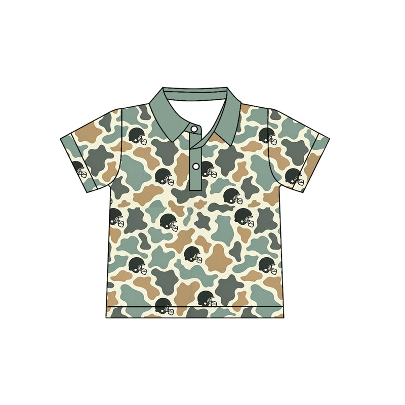 Preorder (moq 5) Baby Boy Clothes Dusty Teal Cow Camo Football Helmet Print Short Sleeve Polo Shirt