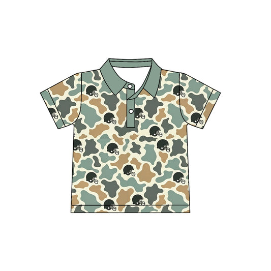 Preorder (moq 5) Baby Boy Clothes Dusty Teal Cow Camo Football Helmet Print Short Sleeve Polo Shirt