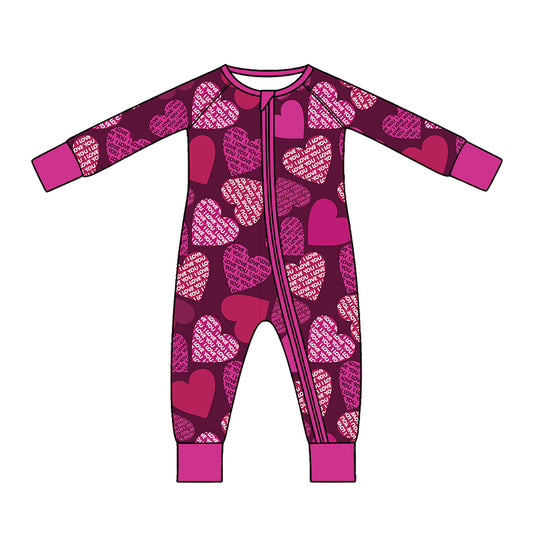 Preorder (moq 5) Baby Girl Clothes Valentine I Love You Text Heart Allover Print Long Sleeve Zipper Jumpsuit