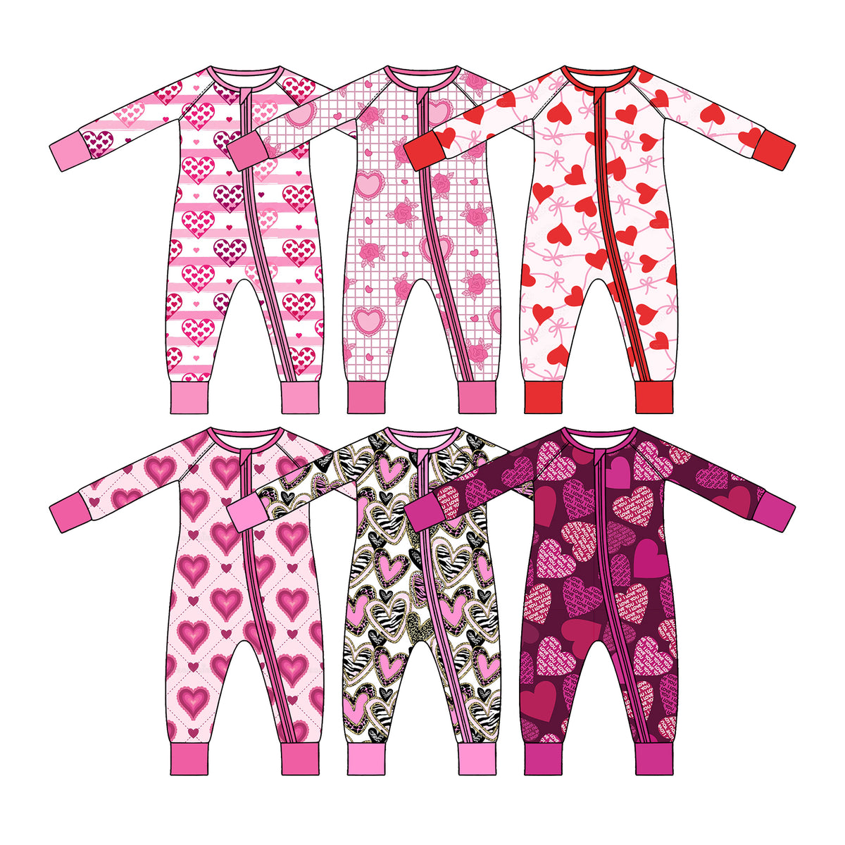 Preorder (moq 5) Baby Girl Clothes Valentine Grid Rose Heart Allover Print Long Sleeve Zipper Jumpsuit