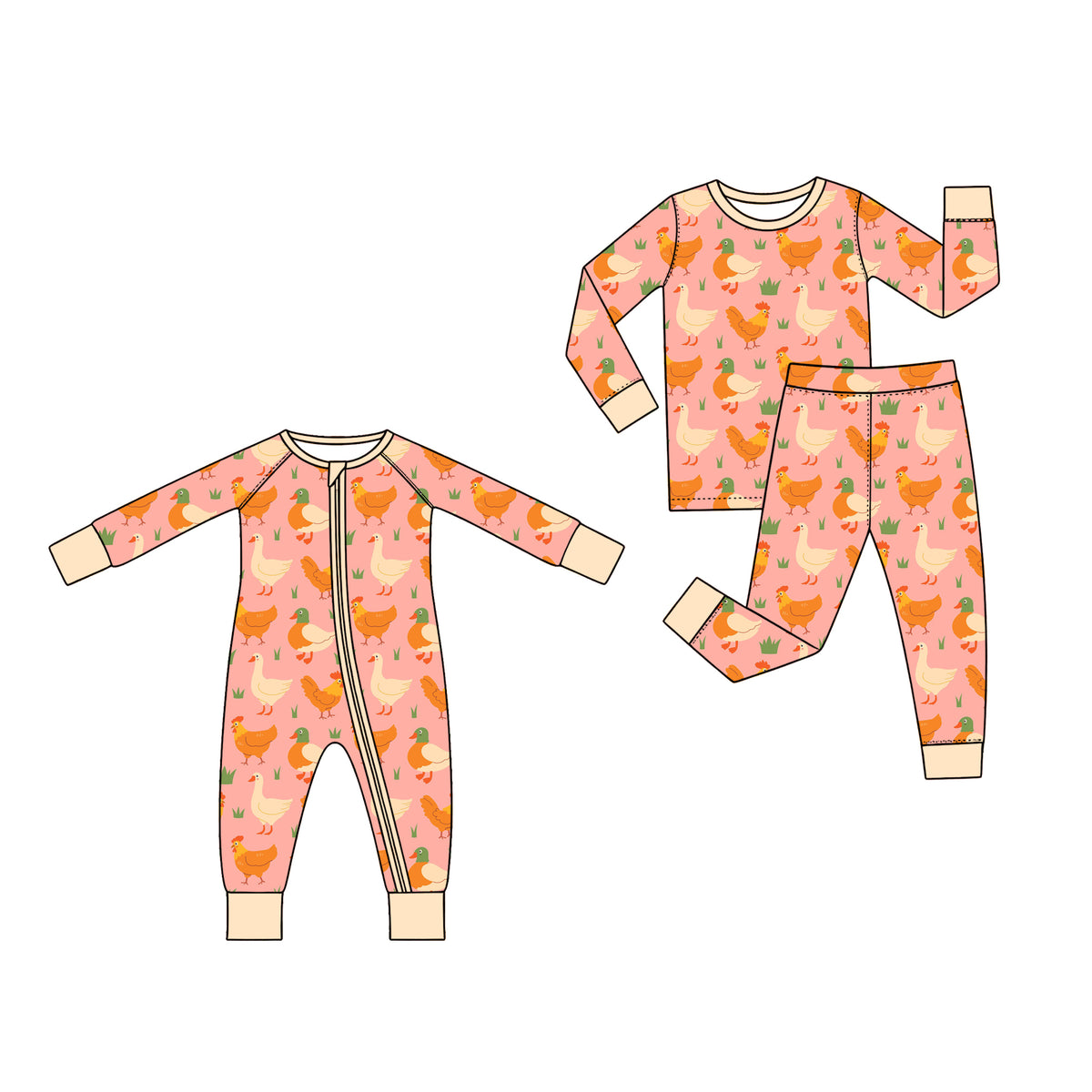 Preorder (moq 5) Baby Girl Clothes Farm Chicken Duck Pink Background Print Long Sleeve Pajama Set