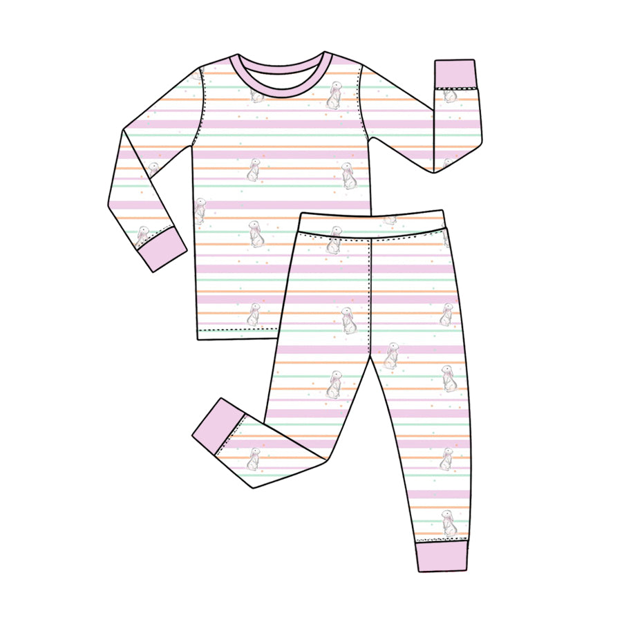 Preorder (moq 5) Baby Girl Clothes Easter Bunny Pastel Stripe Print Long Sleeve Pajama Set